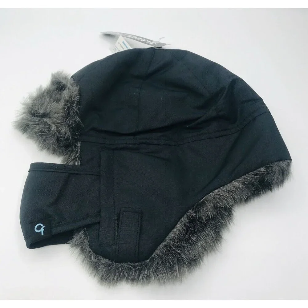 Cold Front Winter Hat Boys Size 8-16 Black Gray Faux Fur Mouth Cover Fleece Line